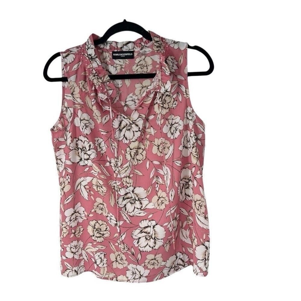 Karl‎ Lagerfeld Pink White Floral Pearl Neckline Detail Sleeveless Top Sz S